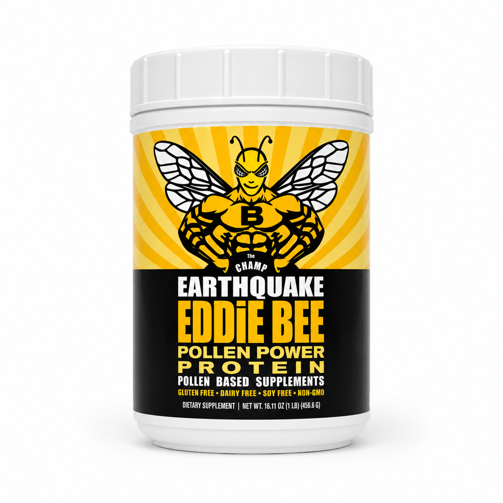 Earthquake Eddie Bee Pollen Power Protein container with bee graphic on a white background