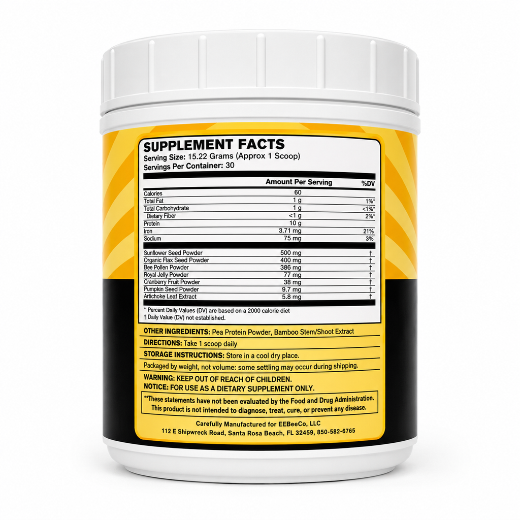 pollen power protein Supplement container with nutritional facts label on a white background