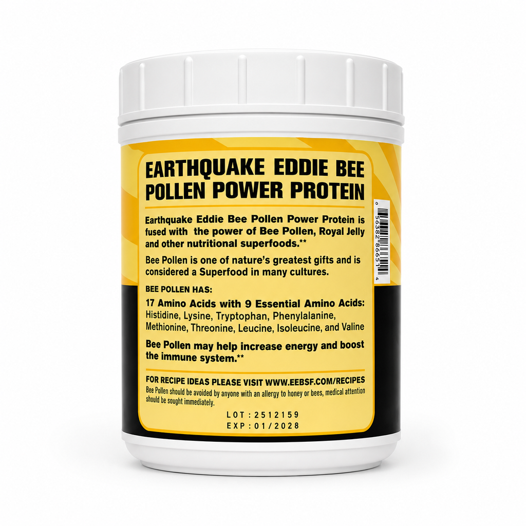 Earthquake Eddie Bee Pollen Power Protein container with yellow label on a white background