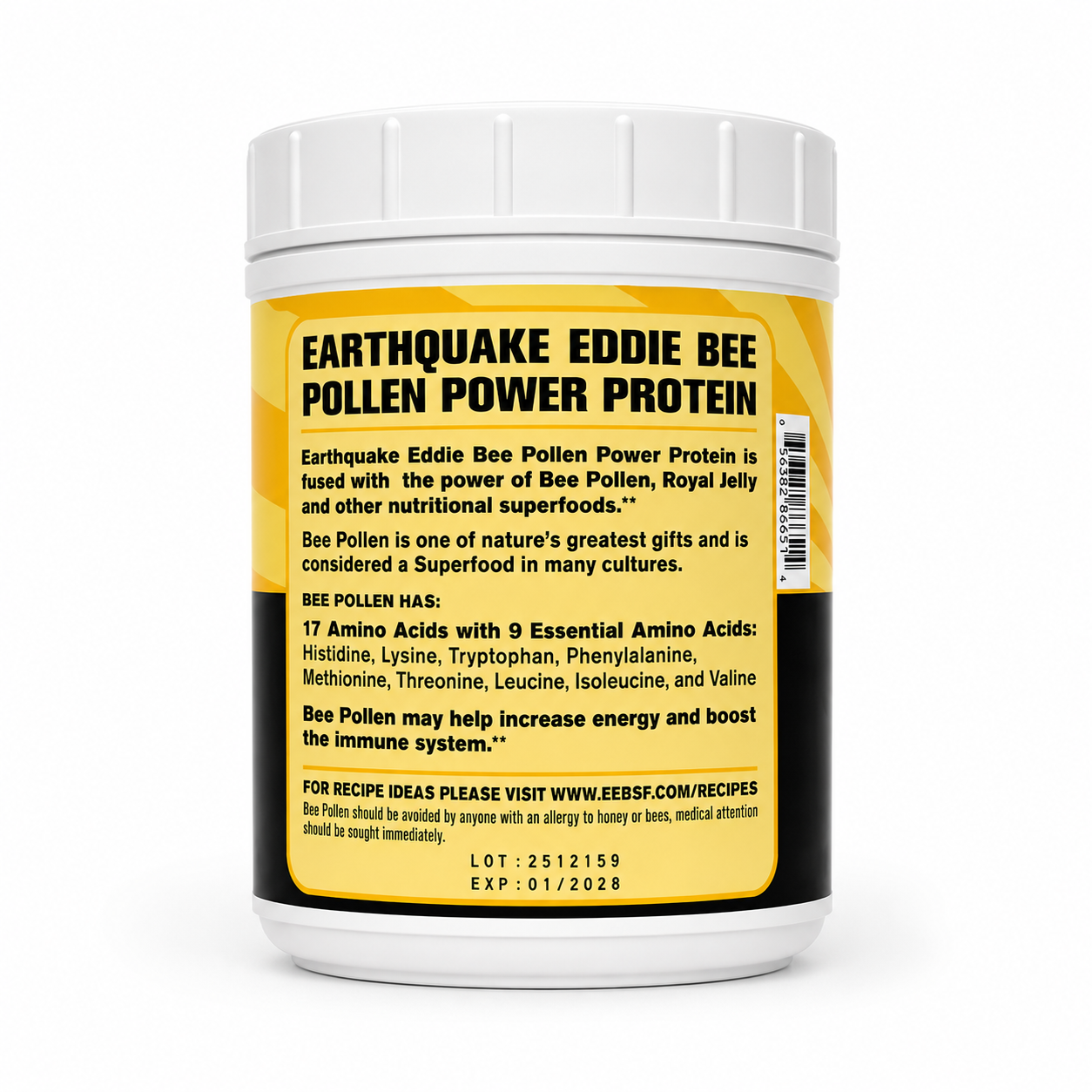 Earthquake Eddie Bee Pollen Power Protein container with yellow label on a white background